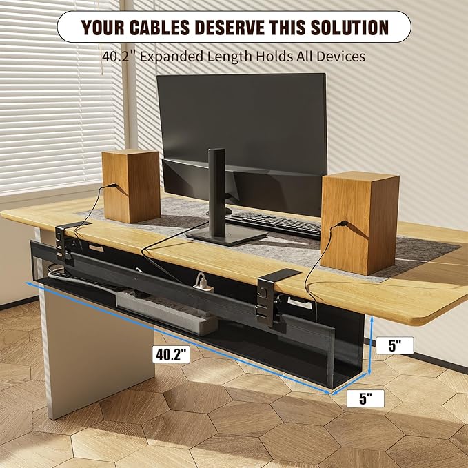 No Drill Under Desk Cable Management Tray, Nonkky Cable Management Under Desk, 40.2" Fabric Cord Hider - Clamp/Screw Mount, Cord Organizer for Office, Home - Supports Up to 40lbs