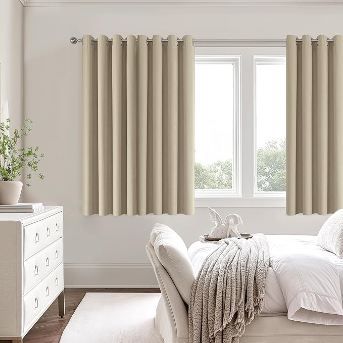 ChrisDowa 100% Blackout Tan Solid Curtains 54 Inches Long 2 Panels for Bedroom Living Room,Farmhouse Room Darkening Thermal Insulated Soundproof Grommet Top Window Treatment Drapes,52x54