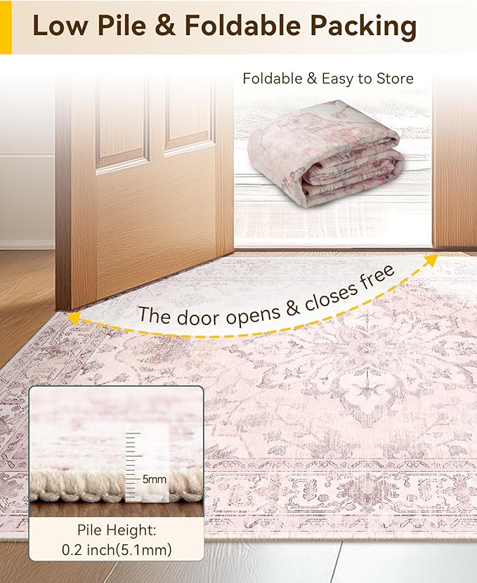 Area Rugs 6'x8' Washable Non-Slip, Floral Vintage Distress Print Pattern Medallion Carpet for Living Room Bedroom Dining Room, Pink Greypink Cute