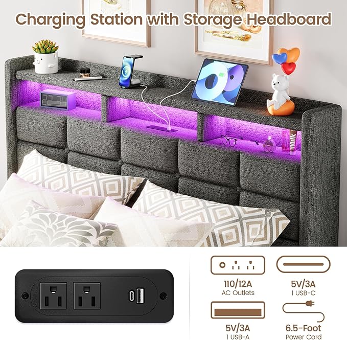 Lift Up Full Size Bed Frame with Storage, Upholstered Full Bed Frame with LED Lights Headboard and Charging Station, No Box Spring Needed, Easy Assembly - Dark Grey
