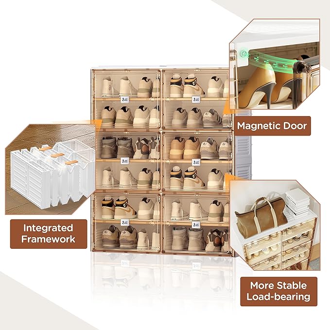 ANTBOX Portable Shoe Rack Organizer for Closet Entryway, Stackable Sneaker Storage Shoe Cabinet with Magnetic Clear Door, Large Plastic Storage containers Bins with Lids 6 Tiers 24 Pairs