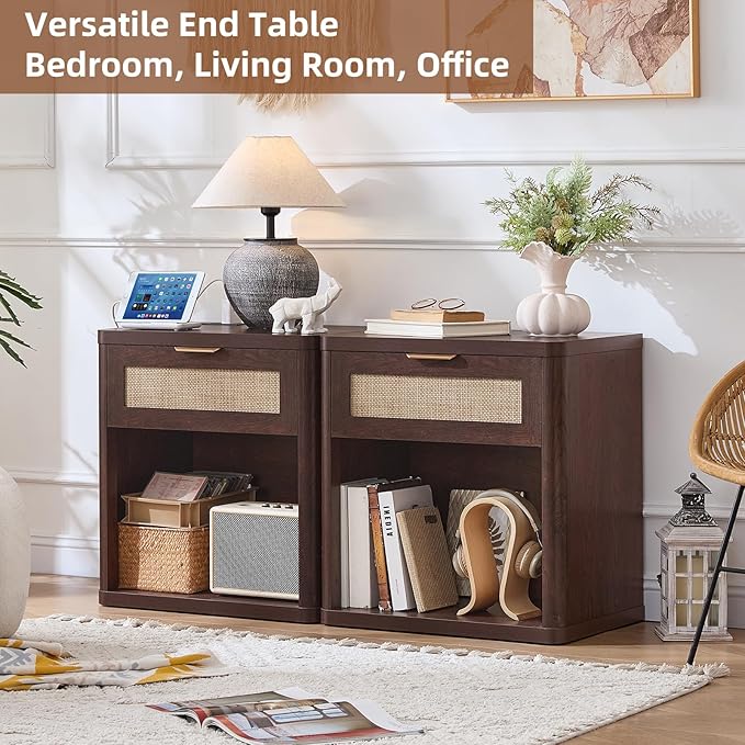 LEYAOYAO Rattan Nightstand with Charging Station, 23" Wide Boho Night Stand with Drawer, Walnut Bedside Table Open Storage Cabinet, Bed Side End Tables Dresser for Bedroom, Living Room, Hallway