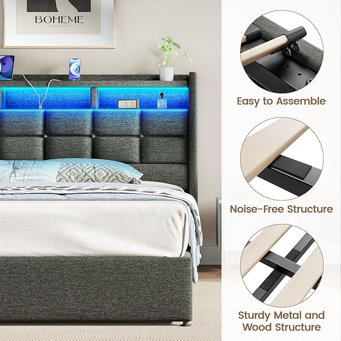 Lift Up Full Size Bed Frame with Storage, Upholstered Full Bed Frame with LED Lights Headboard and Charging Station, No Box Spring Needed, Easy Assembly - Dark Grey