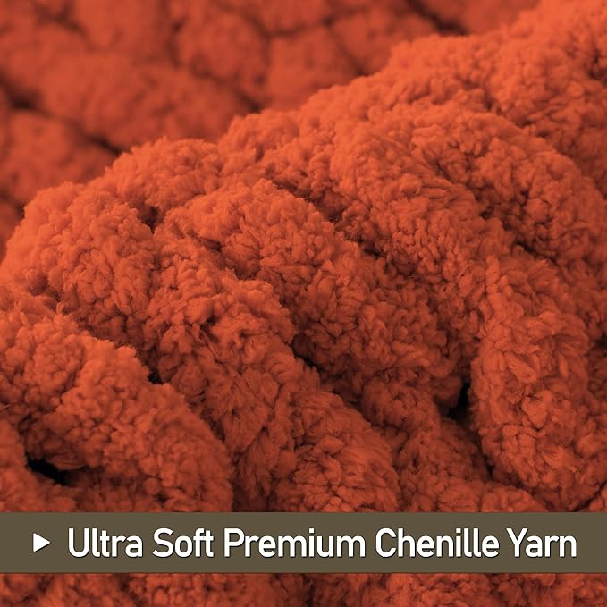 Chunky Knit Throw Blanket 50"X 60", 100% Handmade with Soft Chenille Yarn, 4.4lbs Thick Cable Knitted Blankets, Large Rope Knot Crochet Throws for Couch Sofa Bed Home Decor, Rust