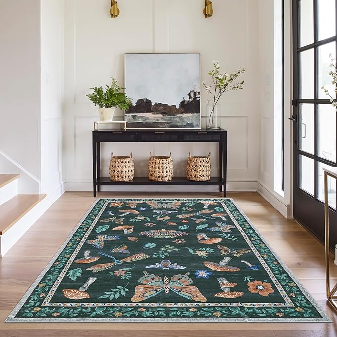 4 x 6 Rug Non-Slip Washable Carpet - Mushroom Soft Low-Pile Stain Resistant Foldable Rugs for Nursery Kitchen Bedroom Living Room Entryway Indoor Mat with Rubber Back Black