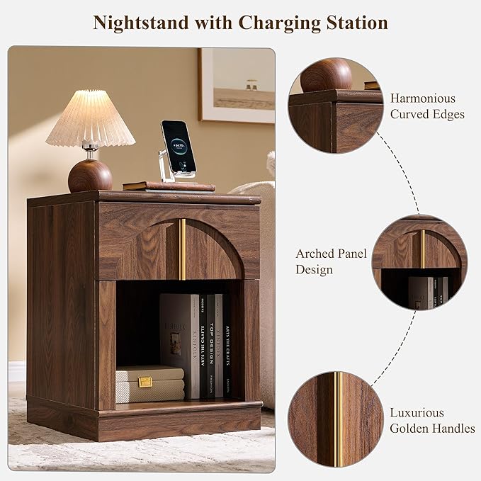 ACCOHOHO Modern Night Stand Set 2 with Arched Panel,18" Wooden nightstand with Charging Station,Bedside Table with Drawer Storage,Side End Table with Open Shelf for Bedroom、Living Room,Brown