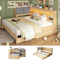 Corner Bed Frame with Extendable Trundle Bed and Bookcase Upholstered Headboard, 3-in-1 Twin Size Wood Daybed with LED Lights and Charging Station, for Bedroom, Guest Room, Natural Oak