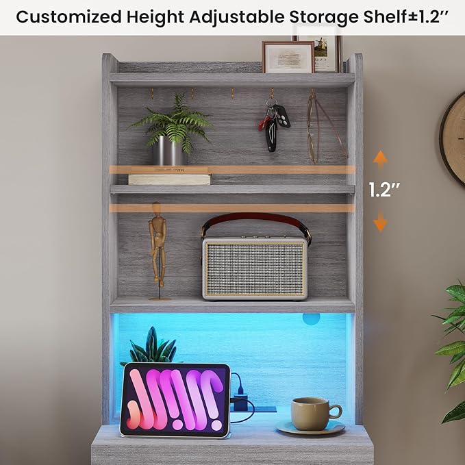 VIAGDO Tall Nightstand Set of 2 with Charging Station and LED Lights, Grey Night Stand Set 2 with Bookshelf, Modern LED Bedside Tables with 3 Drawers and Storage Shelves, Side Tables for Bedrooms