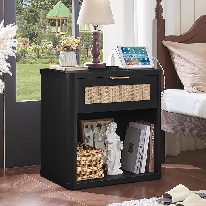 LEYAOYAO Rattan Nightstands Set of 2 with Charging Station, Black Night Stand with Drawer, 23" Wide Boho Bedside Table with Storage Shelf, Bed Side End Tables for Bedroom, Living Room, Hallway