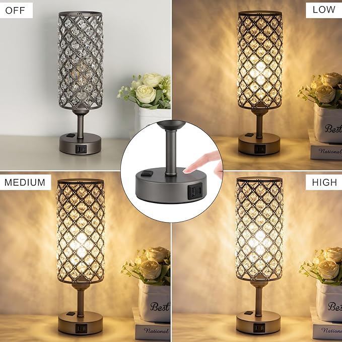 Hong-in Gray Crystal Lamp Touch Control Set of 2, Crystal Table Lamps with USB C+A Ports & AC Outlet, 3-Way Dimmable Nightstand Touch Lamp, Modern Bedside Table Lamp for Bedroom(Bulbs Included)