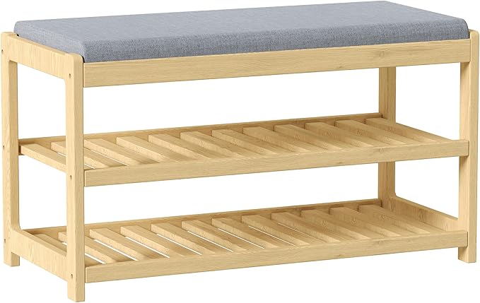 Shoe Bench Entryway, 100% Solid Solid Wood Shoe Rack Bench with Storage and Cushion Padded Seat, 3-Tier Shoe Organizer for Hallway Living Room, Mudrooms, Natural