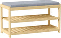 Shoe Bench Entryway, 100% Solid Solid Wood Shoe Rack Bench with Storage and Cushion Padded Seat, 3-Tier Shoe Organizer for Hallway Living Room, Mudrooms, Natural