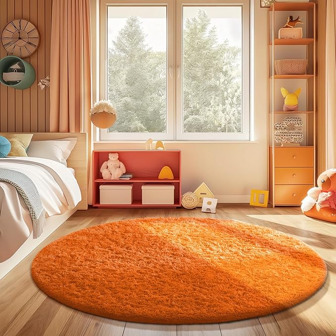 Ophanie Soft Fluffy Shaggy Rugs for Bedroom Living Room Dorm Nursery Home Decor Aesthetic,Color Orange, Size 4' Round