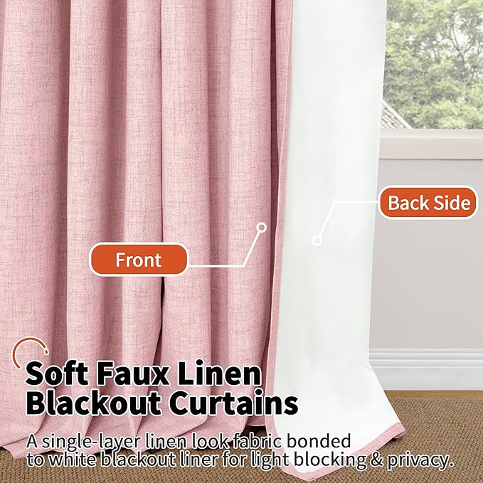 Baby Pink Linen Blackout Curtains for Nursery 63 Inch Length 2 Panels Set, Thermal Insulated Boho Total Black Out Noise Reducing Bonzer Grommets Window Curtains for Girls Bedroom, Each 38 Inch Wide