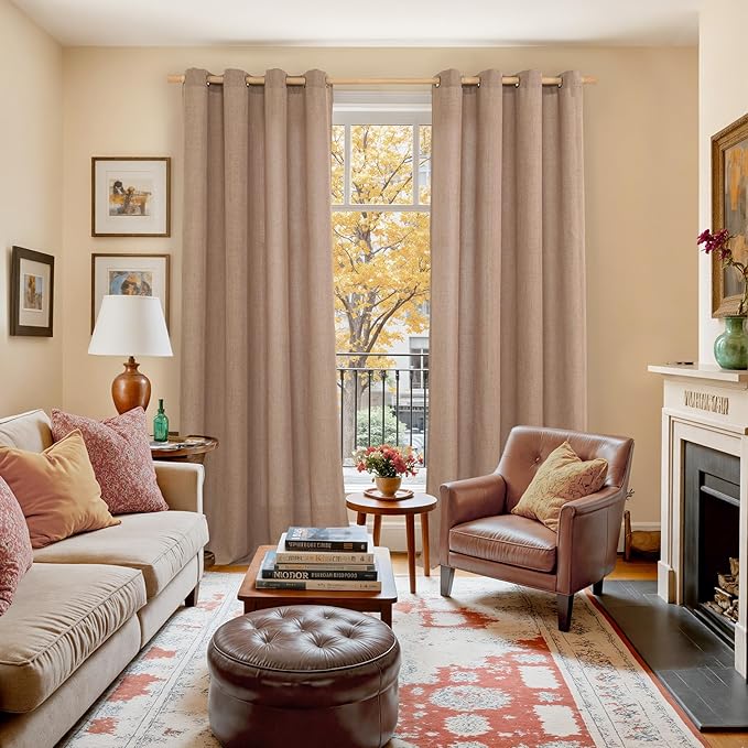 YoungsTex Mocha Brown Linen Curtains 84 Inch Length for Living Room Window, Light Filtering Drapes with Grommet Semi Sheer Rustic for Bedroom, 2 Panels, 52 X 84 Inch
