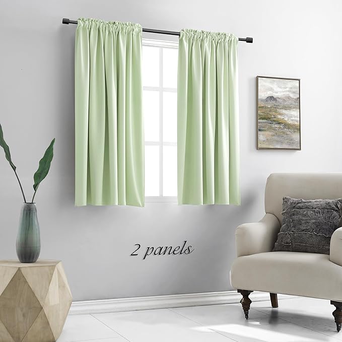 DONREN Light Green Blackout Curtains 48 inches Long for Short Window, Rod Pocket Thermal Insulated Energy Efficiency Window Draperies for Kids Room (2 Panels, 52-inch Wide by 48-inch Long)