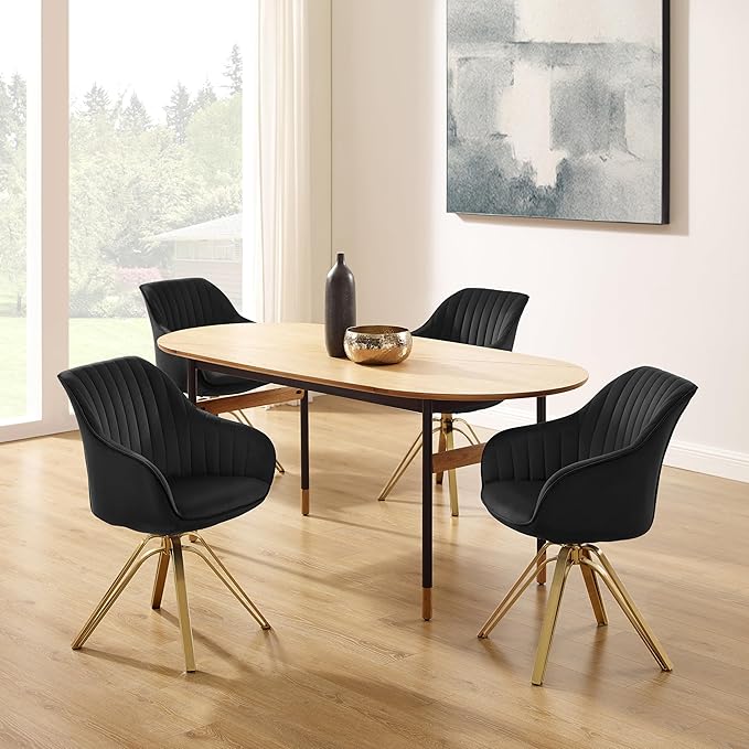 Zouron Swivel Accent Chair with Gold Metal Legs, Velvet Desk Chair Without Wheels for Living Room Bedroom Office, Black