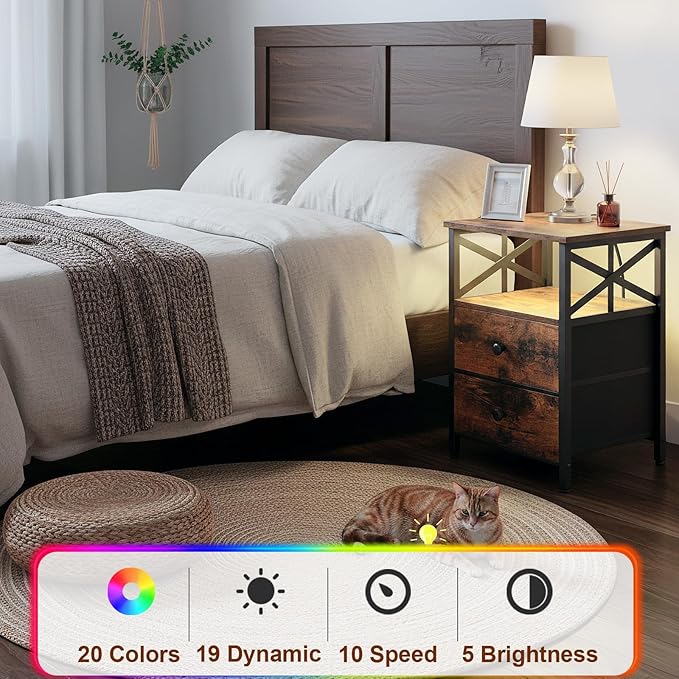 AMHANCIBLE Night Stand Set 2, LED Nightstand with Charging Station, End Tables Living Room with Fabric Drawers, Bed Side Table for Bedroom, Rustic Brown, HET052LBR