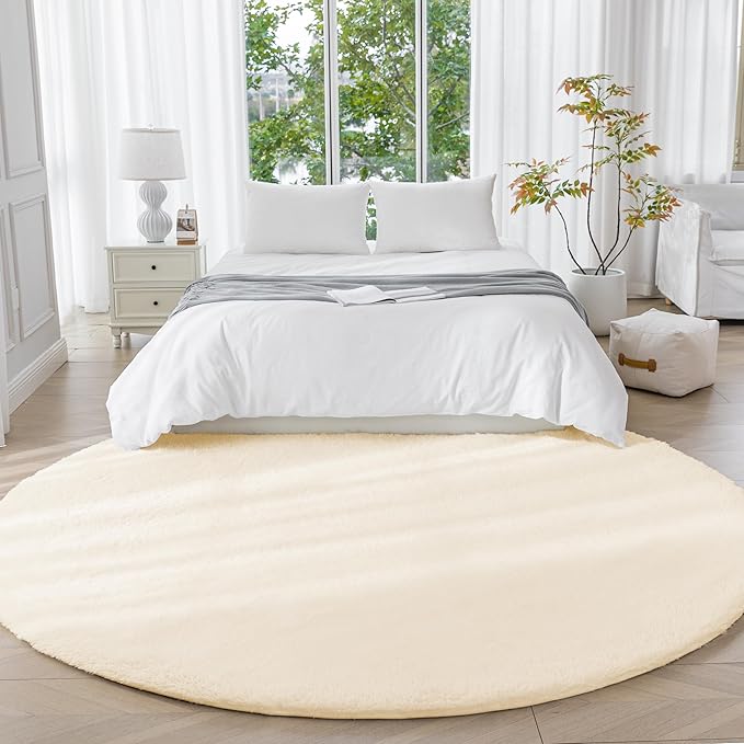 Amazon Basics Fluffy Washable Round Area Rug, Circle Shaggy Carpet for Living Room, Bedroom, Nursery, 5'R, Beige