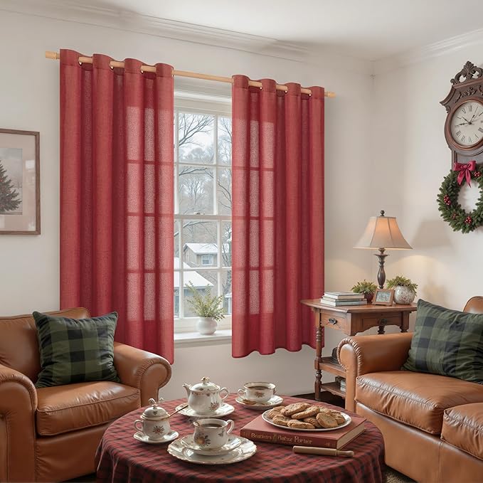 YoungsTex Red Linen Curtains 63 Inch Length 2 Panels for Living Room, Light Filtering Window Drapes with Bronze Grommet Privacy for Bedroom, 52 x 63 Inch