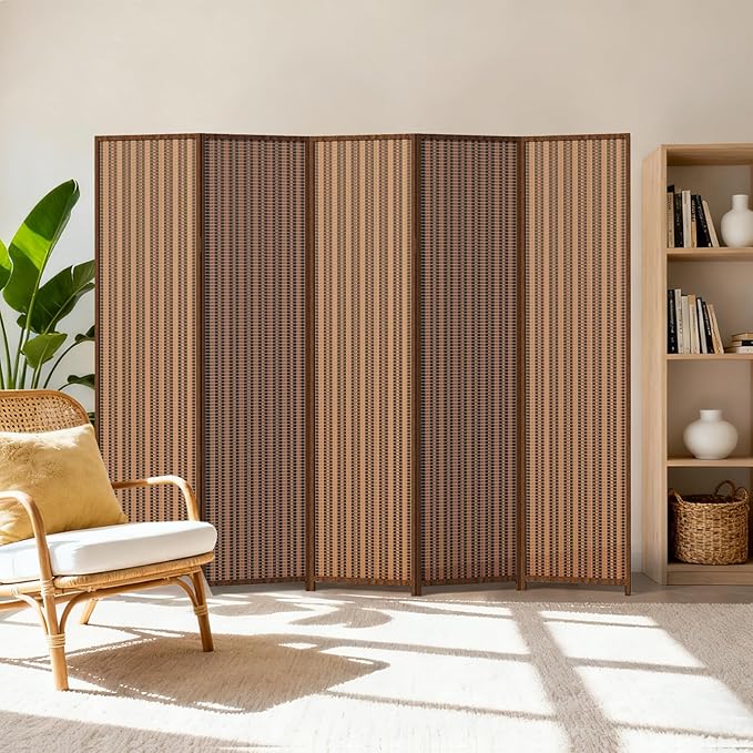 5 Panel Room Divider and Extra Wide Folding Privacy Screen, 79" W x 67" H, Bamboo Room Divider for Room Separation.