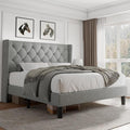 iPormis Full Size Platform Bed Frame with Button Tufted Headboard, Upholstered Bed Frame with Solid Wooden Slats, 8" Underbed Space, No Box Spring Needed, Noise Free, Easy Assembly, Light Gray