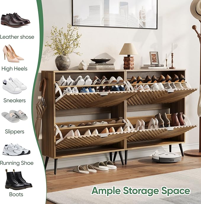 Shoe Cabinet, Entrance Shoe Storage Cabinet with Diamond Parquetry 2 Flip Drawers, Narrow Shoe Cabinet Storage for Entryway, Shoe Organizer Cabinet with Black Handles, Slim Shoe Rack Cabinet (Walnut)