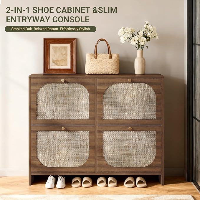 Nicetree Rattan Arched Accent Shoe Storage Cabinet - Freestanding Ultra Slim for Entryway, 4 Flip Drawers & 3-Tier Adjustable Shelves, Farmhouse Modern Rustic Shoe Rack for Hallway, Foyer, Living Room