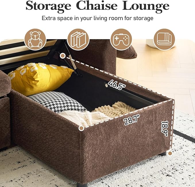VINGLI Convertible Sofa Bed Couches for Living Room, Sleeper Sofa with Pull Out Couch Bed, Cloud-Like Plush Fleece U-Shape Sectional Couch with Storage Chaise, USB Charging, Side Pockets