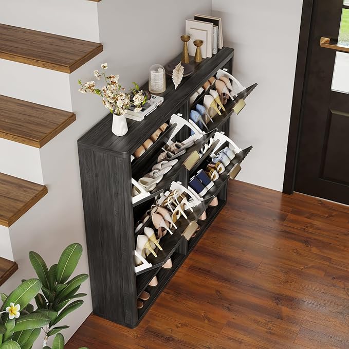 Fluted Shoe Cabinet Storage with 4 Flip Drawers, Narrow Shoe Storage Organizer for Entryway, Hidden Slim Wooden Shoe Rack Cabinet for Front Door Entrance, Hallway, Living Room (4-Drawer, Black)