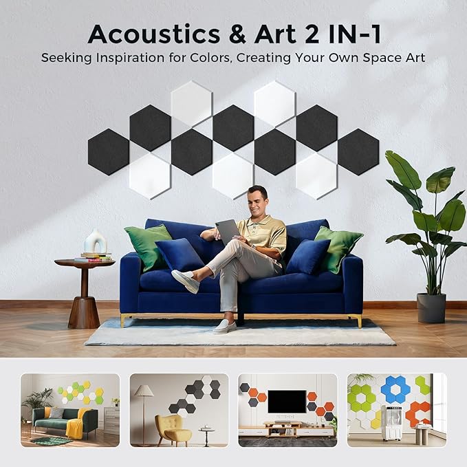 Self-Adhesive Acoustic Panels [390 lbs/yd³ Ultra-High Density], 2nd Generation Sound Absorbing Panel, Professional Level Sound Panel, Polyester Soundproof Foam [Size L, White & Black]