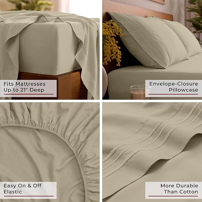 Mellanni Full Sheet Set - 6-Piece Iconic Collection Bedding, (Including 4 Pillowcases), 21-Inch Extra Deep Pocket, Easy Care, Ultra Soft, Cooling Sheets, Brushed Microfiber - New Beige