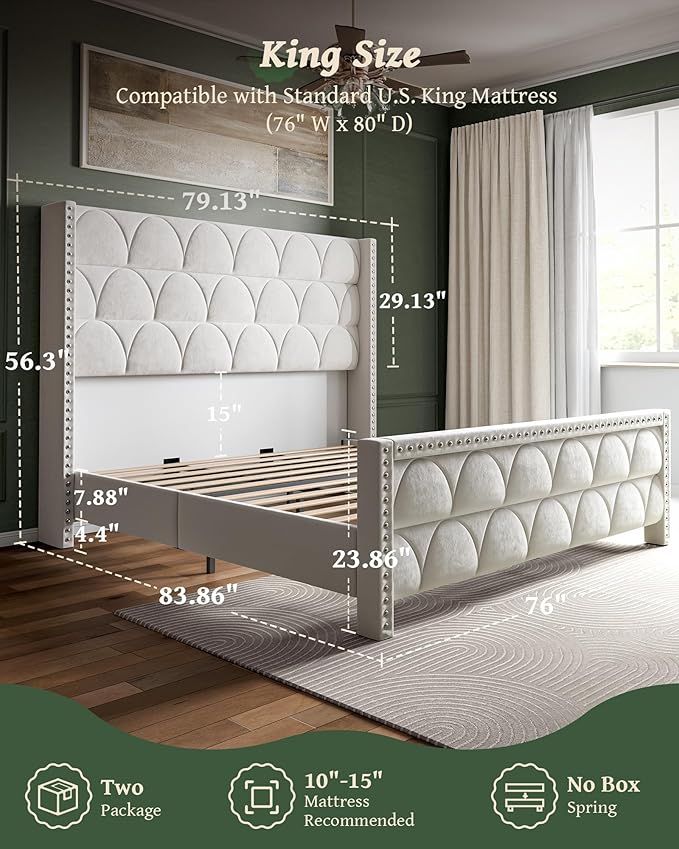 King Size Bed Frame with 56" Headboard - Velvet Upholstered Wingback Platform Bed Frame, Noise Free, Sturdy Wooden Slat Support (Cream, King)