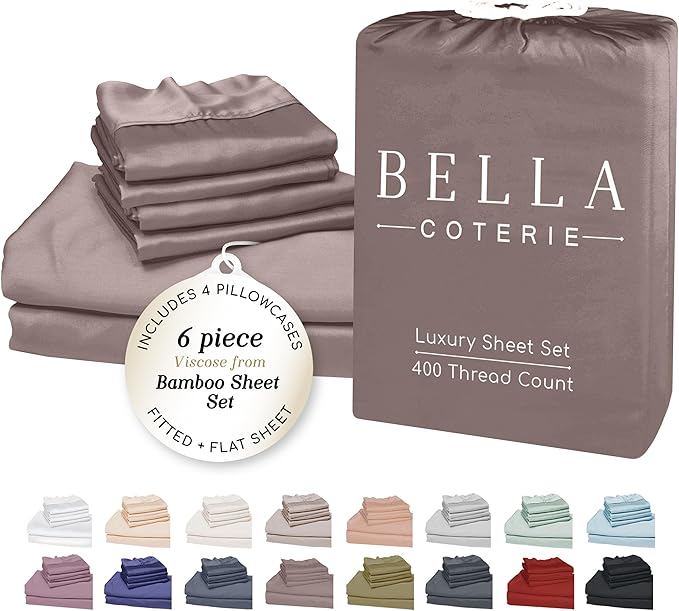 Bella Coterie 6 Piece Luxury Bamboo Viscose King Size Sheet Set | 100% Organically Grown | Cooling for Hot Sleepers | 18" Deep Pocket | Soft & Hypoallergenic | 4 Pillowcases [Mocha]