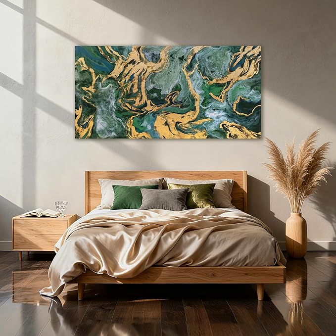 YETHEN WAL Emerald Green Abstract Wall Art Fluid Canvas Wall Decor Modern Art Prints for Living Room Bedroom Office 20x40 Inch