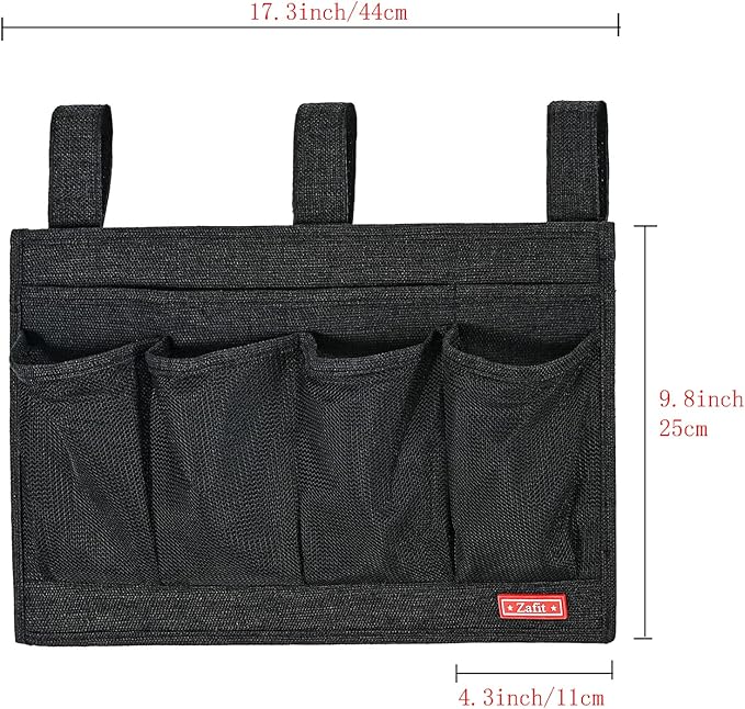 Zafit Linen Bedside Caddy, Bedside Storage Organizer for Hospital Beds, College Dorm Rooms or Baby Bed (6 Pockets-Black)