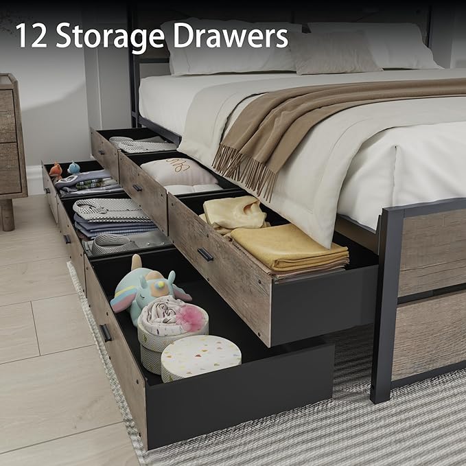 King Size Wooden Bed Frame with 12 Storage Drawers and Headboard, Farmhouse Platform Bed Frame with Charging Station, No Box Spring Needed, Stable and Solid, Noise Free. (Oak, King)