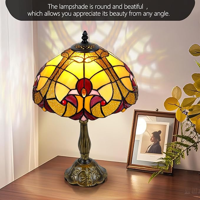 Luxury 12" Tiffany Style Table Lamp with Stained Glass & Baroque Design – Elegant Tiffany Lamp for Living Room, Bedroom, Office Decor | Includes LED Bulb, UL-Certified, Premium Resin Base