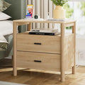 FavourLife Night Stand, 23" Wide Nightstand, Modern Large Nightstand with Charging Station, 2 Drawer Wooden End Table with Solid Round Post Legs & Open Shelf, Bedside Table for Bedroom, Natural Oak