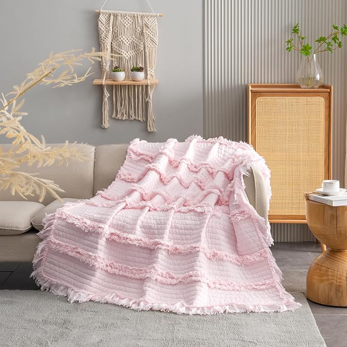 Ultra Soft Pre-Washed Quilted Boho Pink King Size Blankets for Bed, Ruffle Fringed Decorative Throw, Stone Washed Chic Rustic Blanket for Sofa Couch Bed, 104"*90"