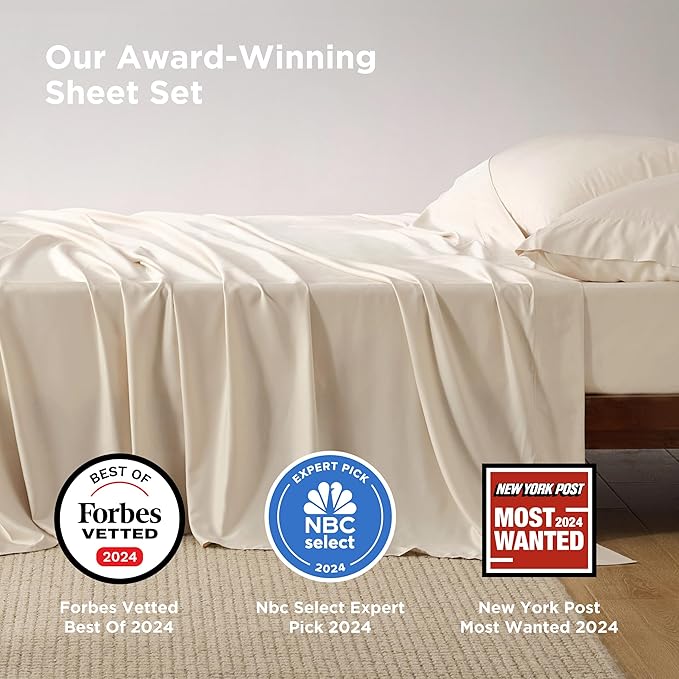 Bedsure King Size Sheets Set, Cooling Sheets for Hot Sleepers, Rayon Derived from Bamboo, Breathable & Soft, Deep Pocket Up to 16 Inches, Hotel Luxury Silky Bedding, Light Beige