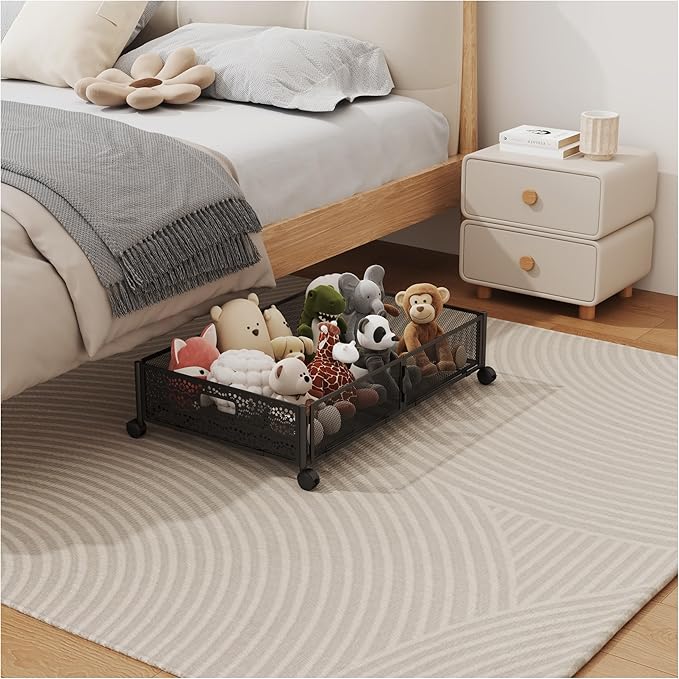 Under Bed Storage with Wheels, Foldable Pattern Carved Metal Under The Bed Storage, Tool-Free Assembly Under Bed Organizer, 60L Underbed Storage for Bedroom Clothes Blankets Shoes Toys