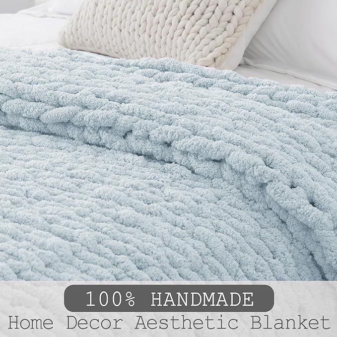 Chunky Knit Throw Blanket 60"X 80", 100% Handmade with Soft Chenille Yarn, 6.7lbs Thick Cable Knitted Blankets, Large Rope Knot Crochet Throws for Couch Sofa Bed Home Decor, Baby Blue