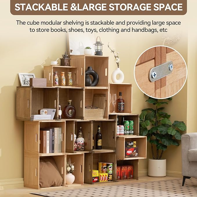 KIRIGEN Stackable Wood Storage Cube /Basket/ Bins Organizer for Home Books Clothes Toy Modular Open Cubby Storage System - Office Cubical Bookcase Closet Shelves C26-DBR