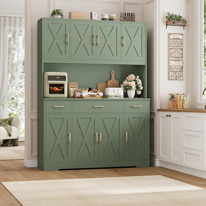 HOSTACK 71" Tall Pantry Cabinet with Charging Station, 55" Wide Kitchen Pantry Storage Cabinet with Countertop, Large Kitchen Hutch with Storage Drawers and Doors for Dining Room, Living Room, Green