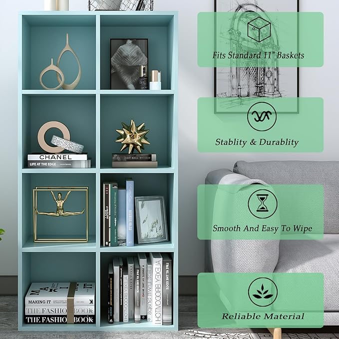 OSCHF 8-Cube Storage Shelf Bookcase - Wooden 4-Tier Floor Standing Open Bookshelf, Modern TV Stand up to 55 Inchs for Home and Office, Light Blue