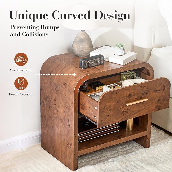Night Stand Set of 2 [Unique Curved Profile] [FSC-Certified Wooden Board] 1-Drawer and 1 Storage Shelf Nightstand 24" H Metal Handle Modern Bedside Table Side Table End Table