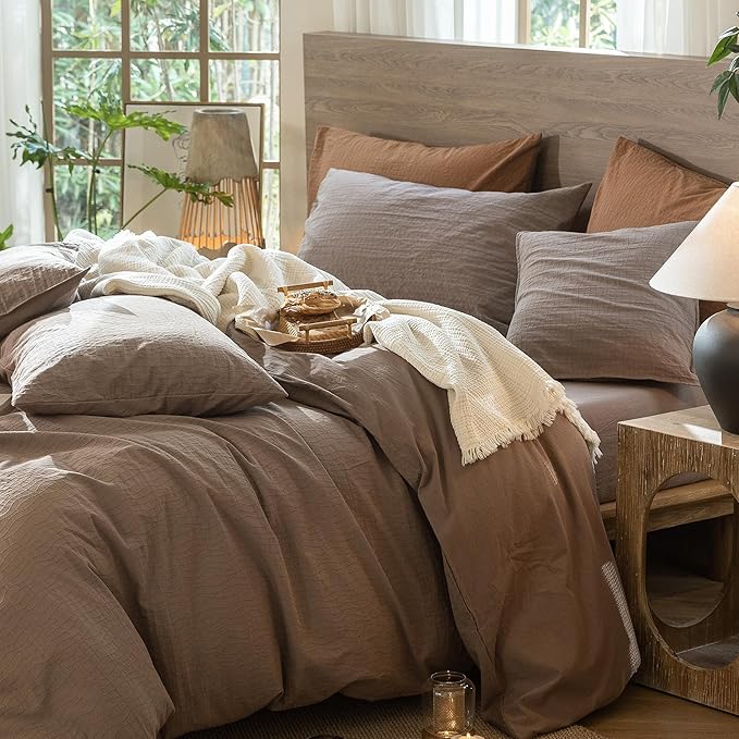 MooMee Wavy Striped Duvet Cover Set 100% Washed Cotton Linen Like Textured Breathable Durable Soft Comfy (Brown, Twin 68"x90")