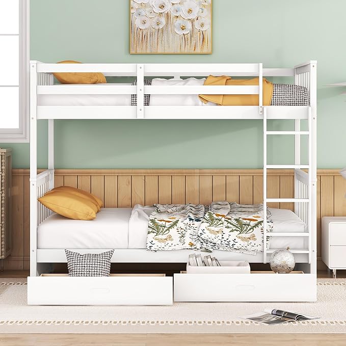 Merax Wood Bunk Bed with Drawers,Convertible Bunk Bed with Ladders and Two Storage Drawers,Solid Wood Detachable Bed Frame with Ladders,Twin Over Twin Size,White