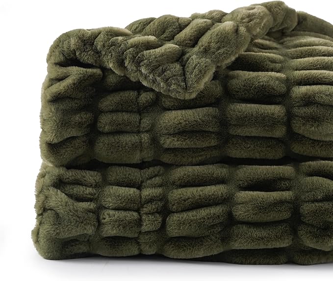 BATTILO HOME Olive Green Faux Fur Throw Blanket for Bed, Double Side Reversible Ruched Faux Rabbit Fur Throw for Couch, Bed, Super Soft Blanket Cozy Warm Mink Blanket, 50"x60"